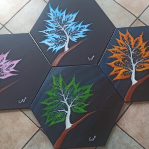 Die 4 Jahreszeiten, 4 Hexagons, jedes mit einer Seitenlänge von 30 cm
