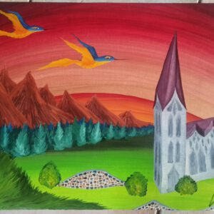 Schiefe Kirche, Öl auf Papier, 42x56 cm