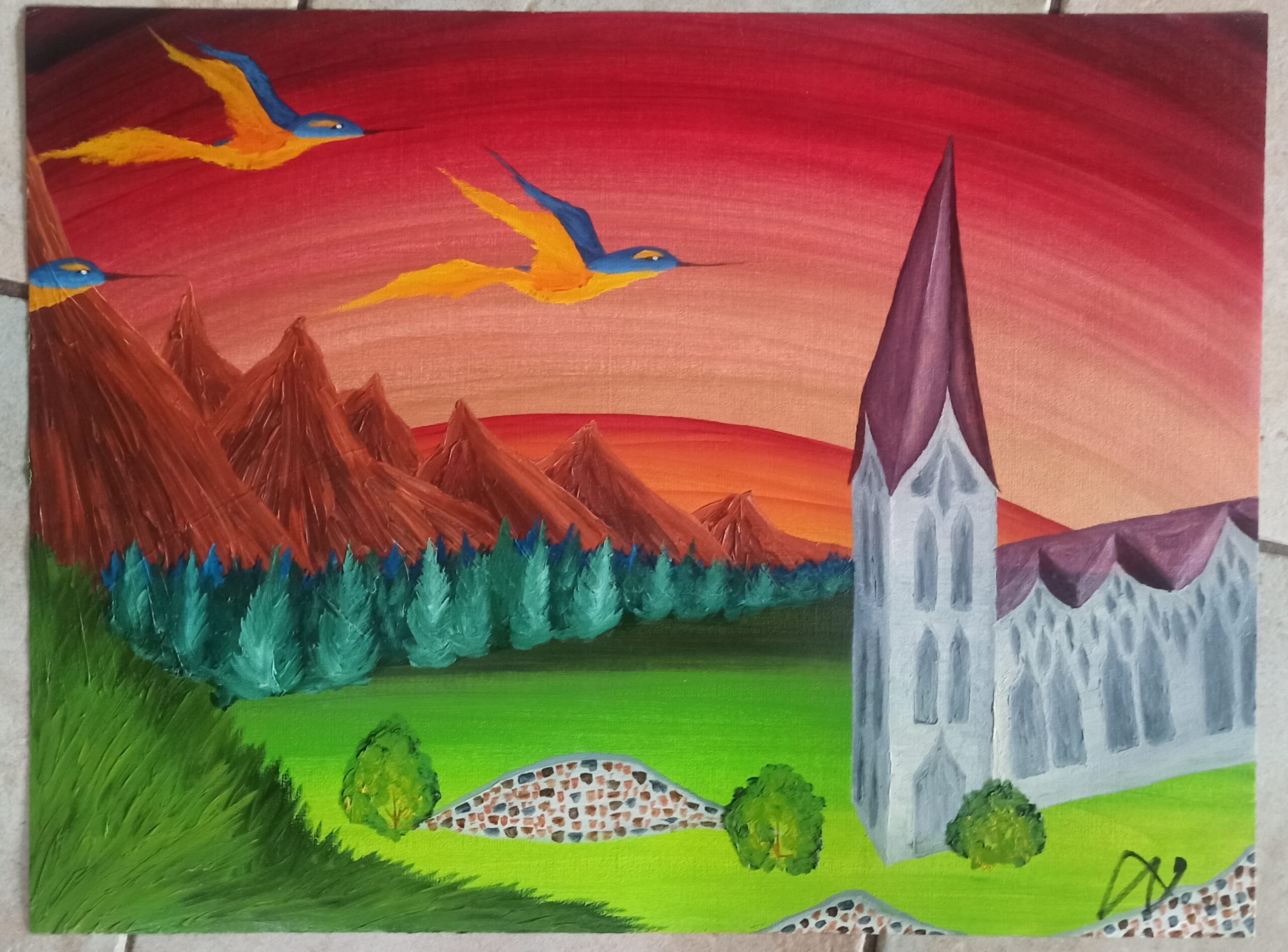 Schiefe Kirche, Öl auf Papier, 42x56 cm