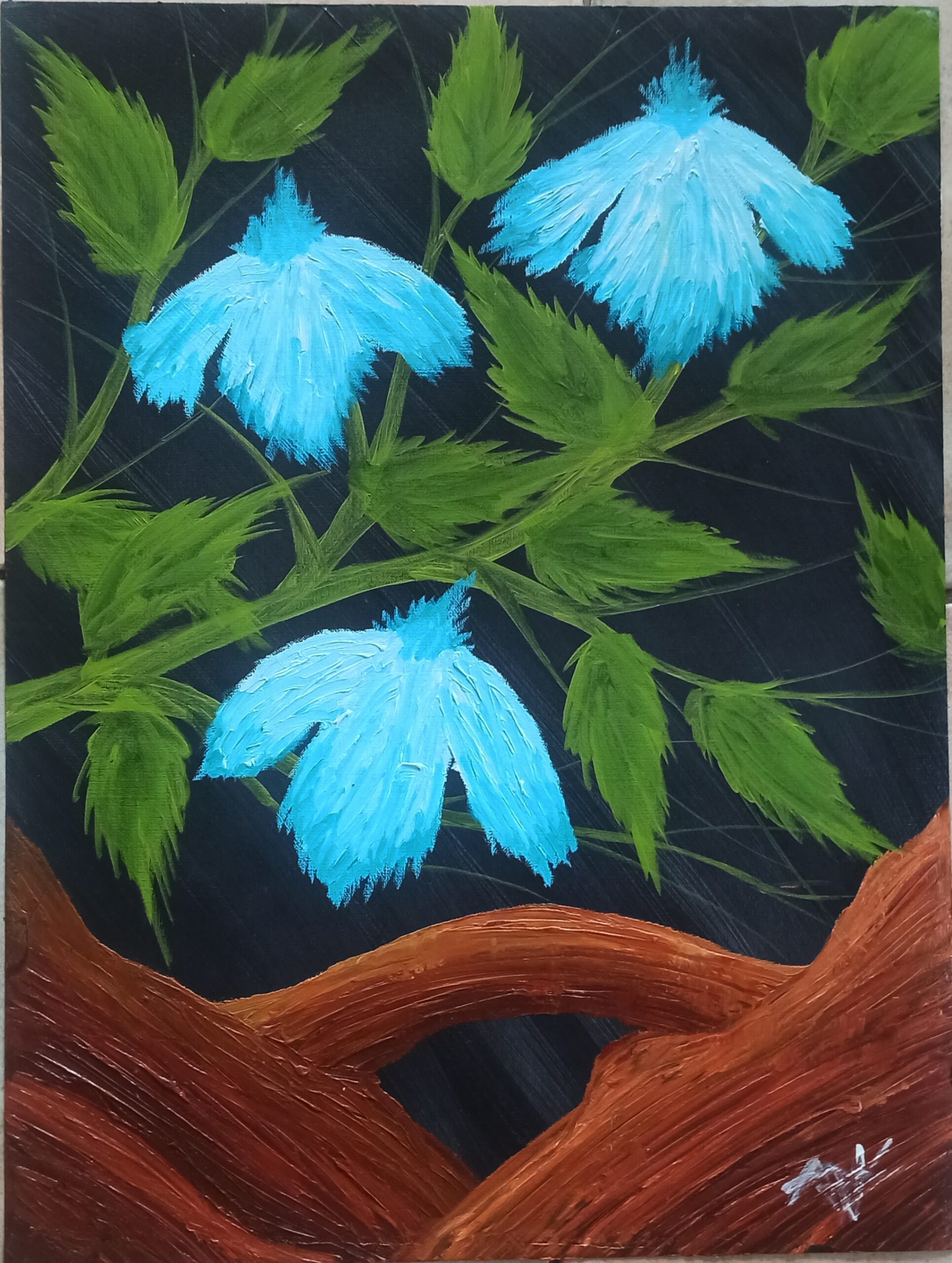 Blaue Blume, Öl auf Papier, 56x42 cm