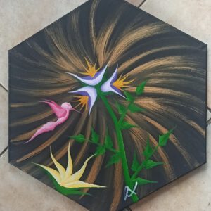 Kolibri 4 Öl auf Leinwand, Hexagon 30 cm Seitenlänge