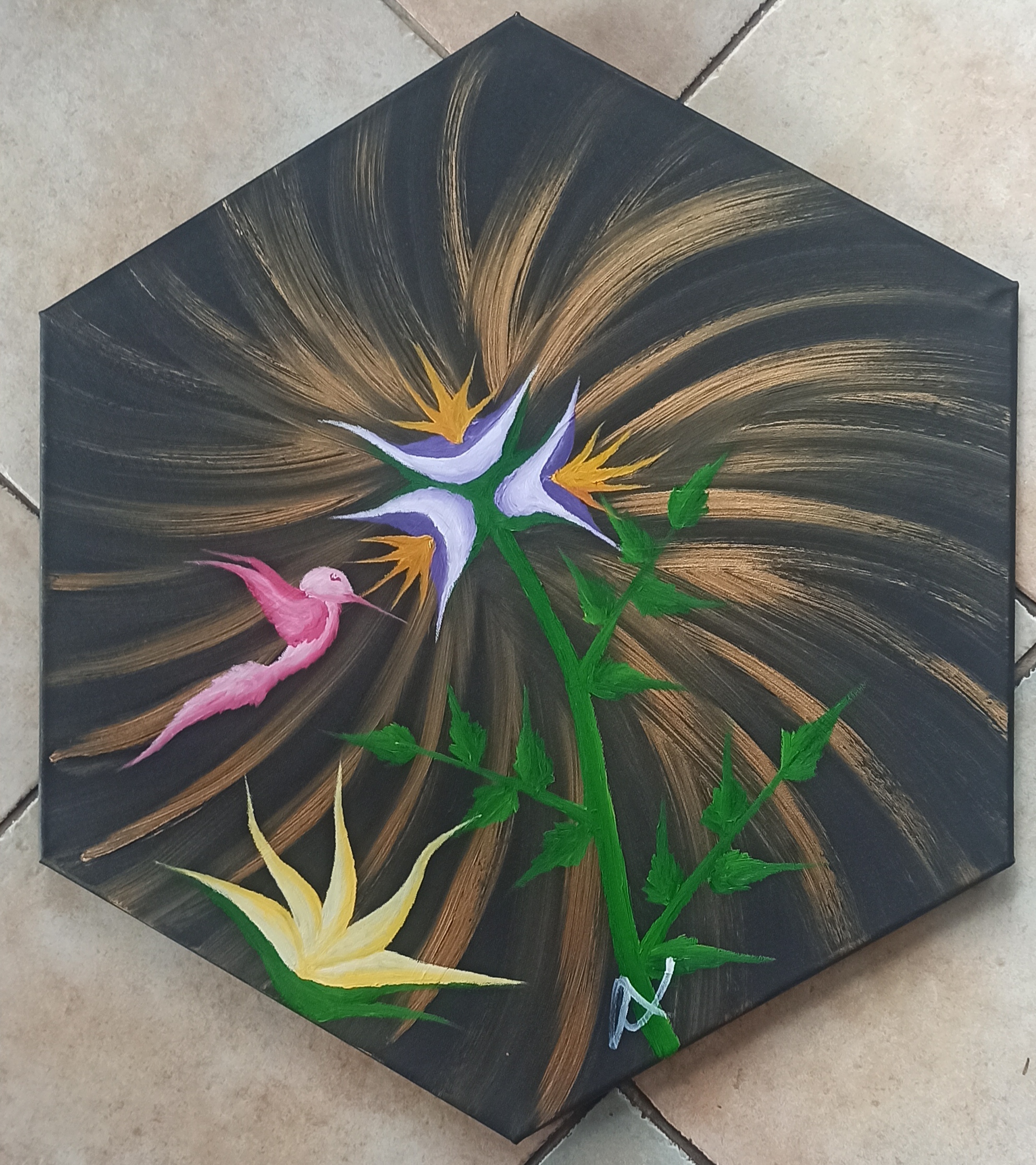 Kolibri 4 Öl auf Leinwand, Hexagon 30 cm Seitenlänge