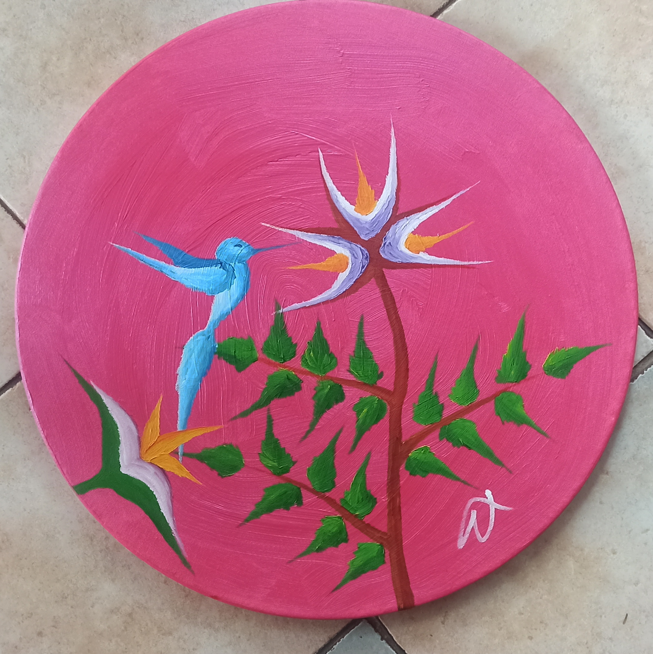 Kolibri 5 Öl auf Leinwand, Rund 50 cm Durchmesser