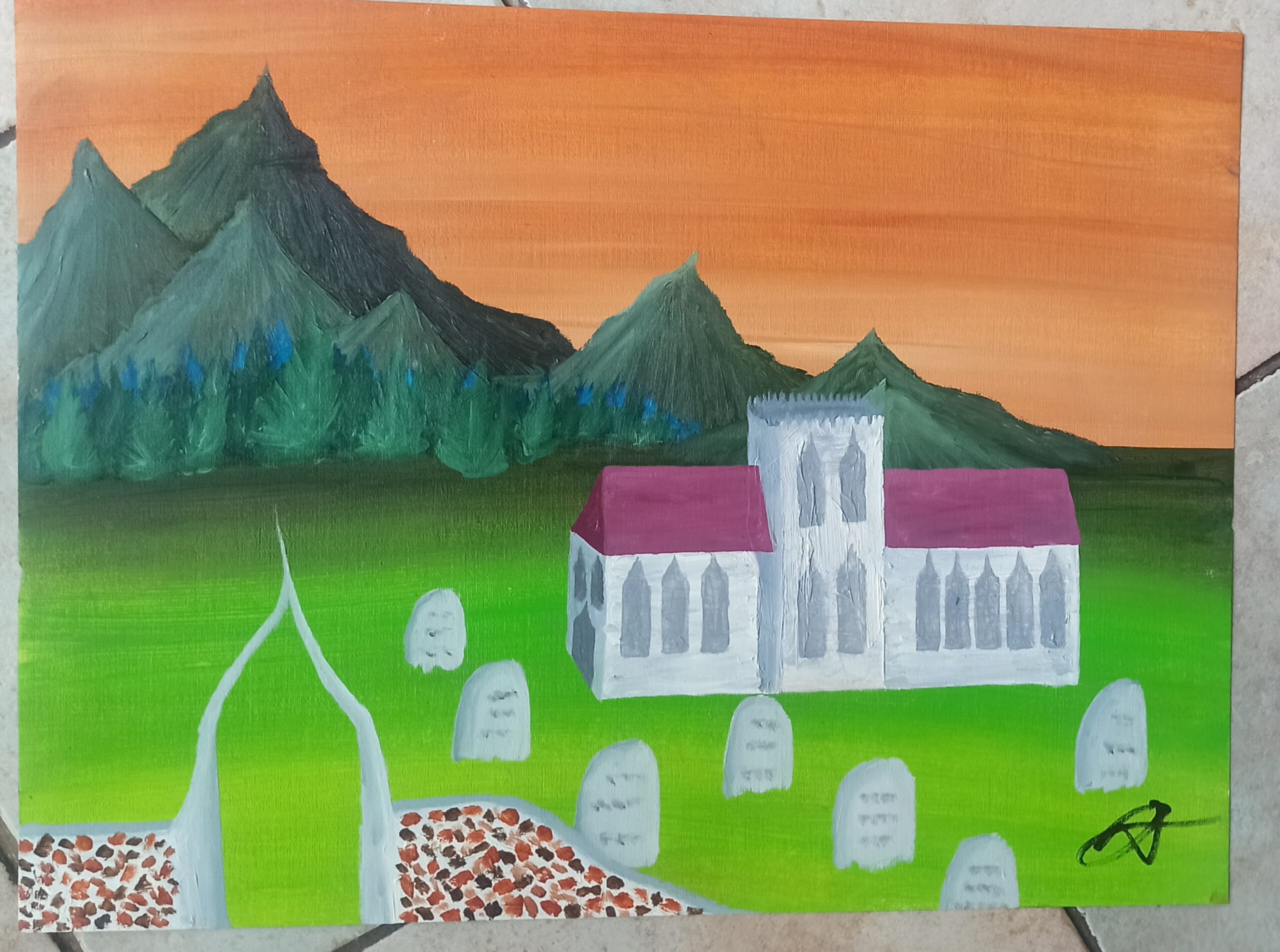 Englische Kirche, Öl auf Papier, 36x48 cm