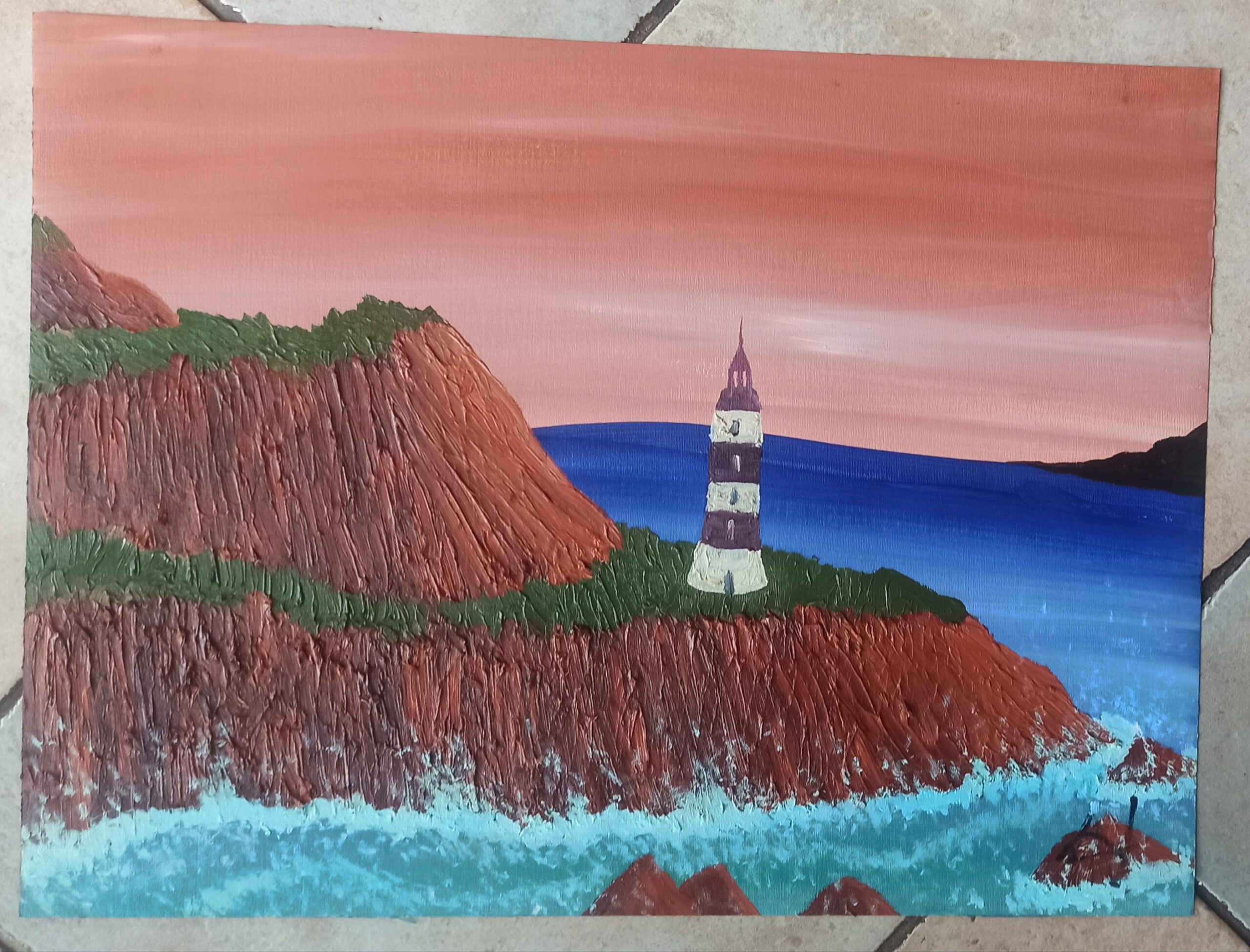 Leuchtturm auf dem Fels, Öl auf Papier, 36x48 cm