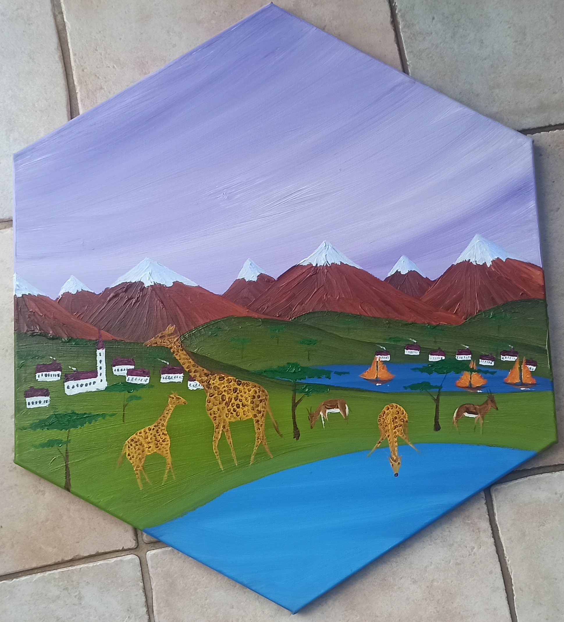 Wildlife, Öl auf Leinwand, Hexagon 30 cm Seitenlänge