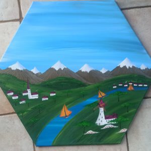 Windmühle, Öl auf Leinwand, Hexagon 30 cm Seitenlänge