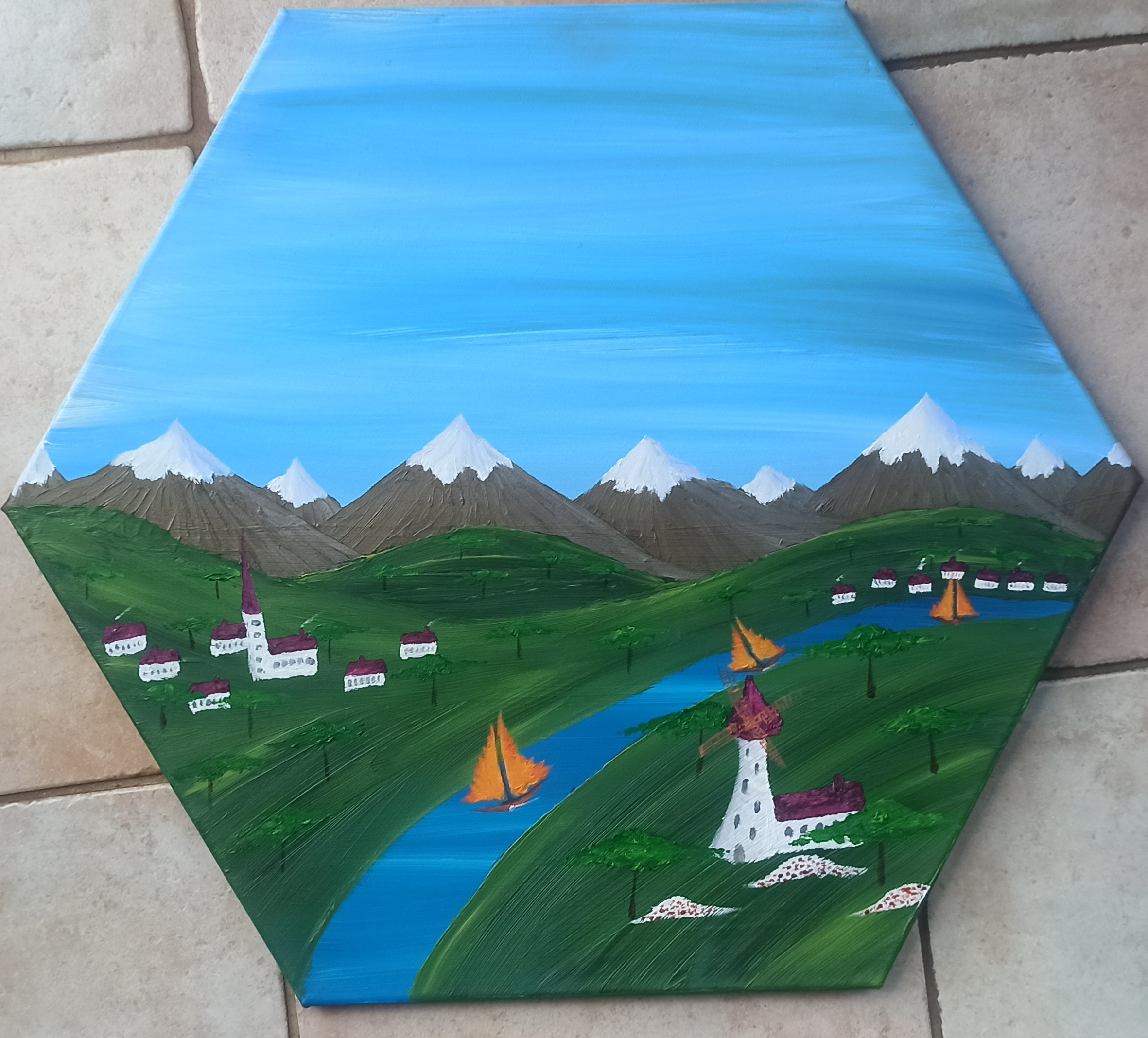 Windmühle, Öl auf Leinwand, Hexagon 30 cm Seitenlänge