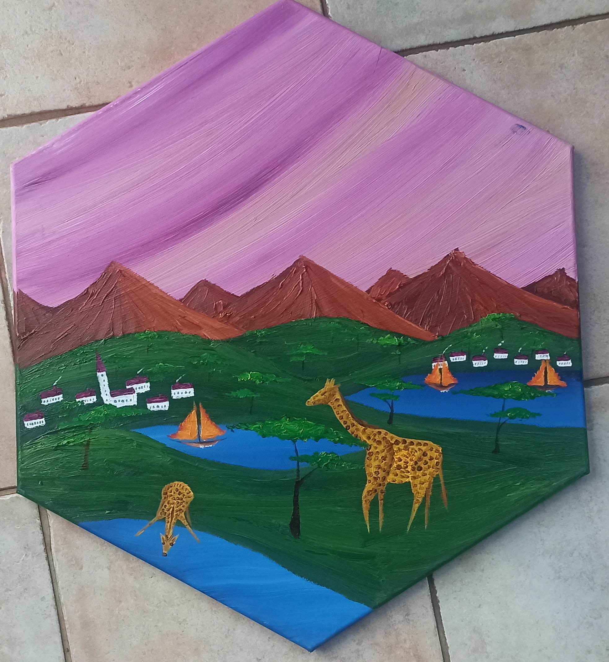 Wildlife 2, Öl auf Leinwand, Hexagon 30 cm Seitenlänge