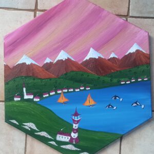 Leuchtturm und Bucht, Öl auf Leinwand, Hexagon 30 cm Seitenlänge