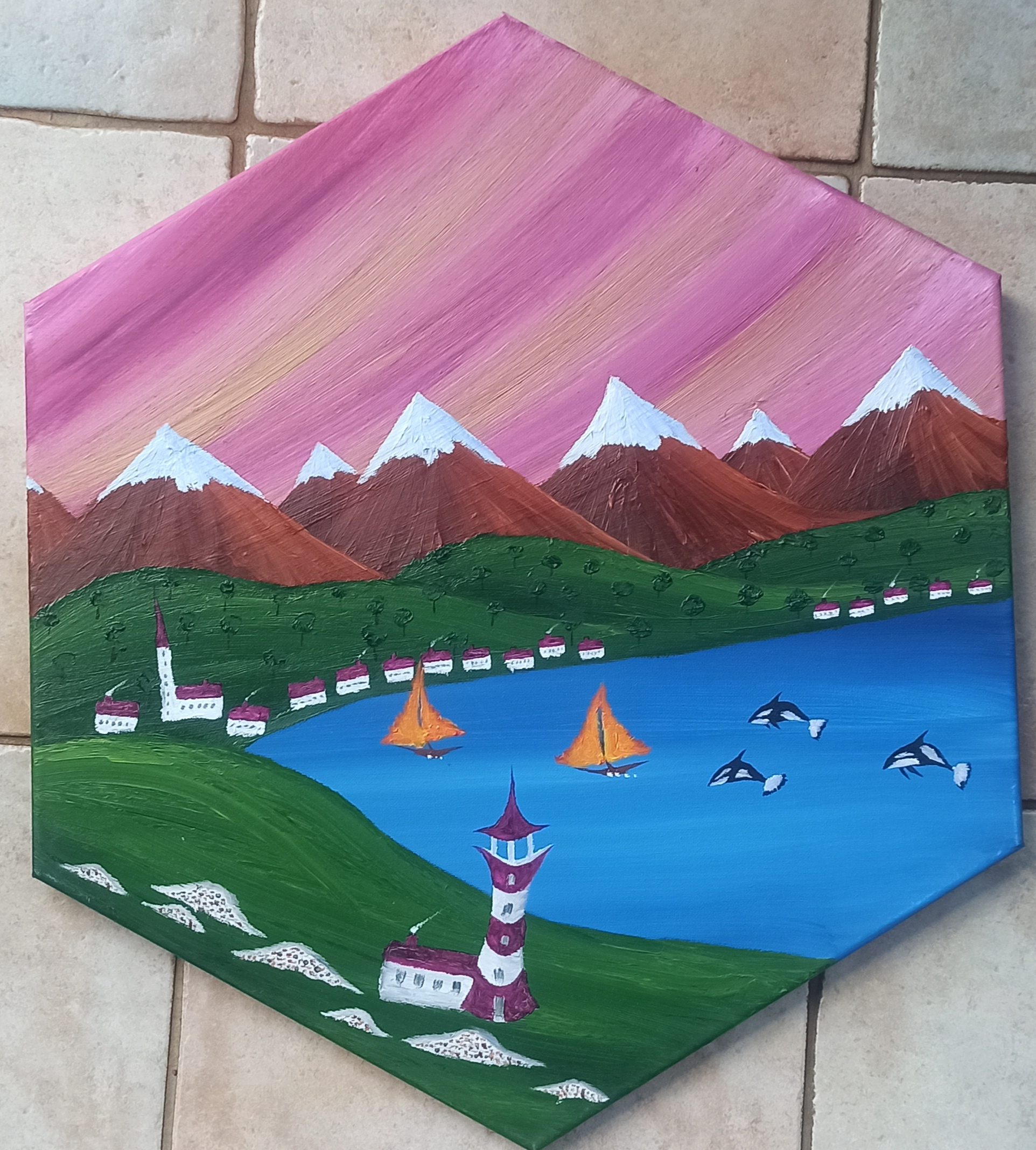 Leuchtturm und Bucht, Öl auf Leinwand, Hexagon 30 cm Seitenlänge