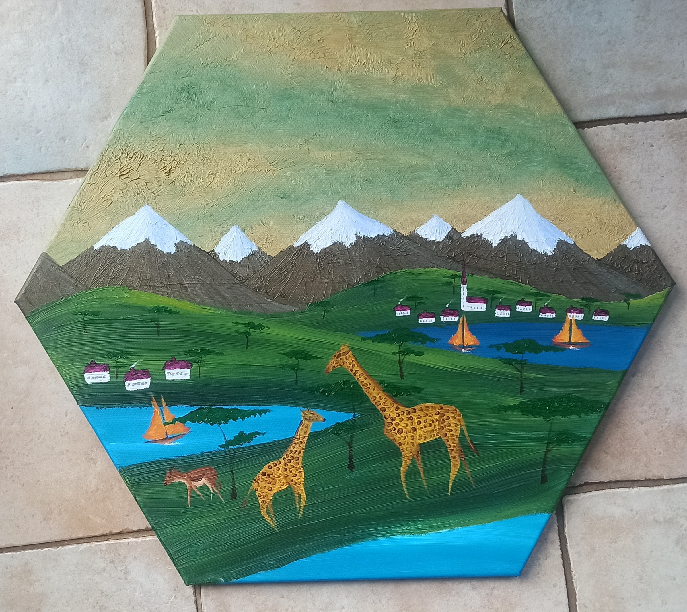 Wildlife 5, oil on canvas, hexagon with a side length of 30 cm