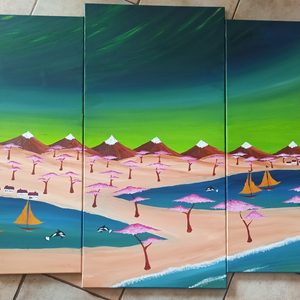 Spring at the Arctic Circle, oil on canvas, 100 x 170 cm (1 x 100 x 50, 2 x 90 x 30, 2 x 80 x 30 cm)