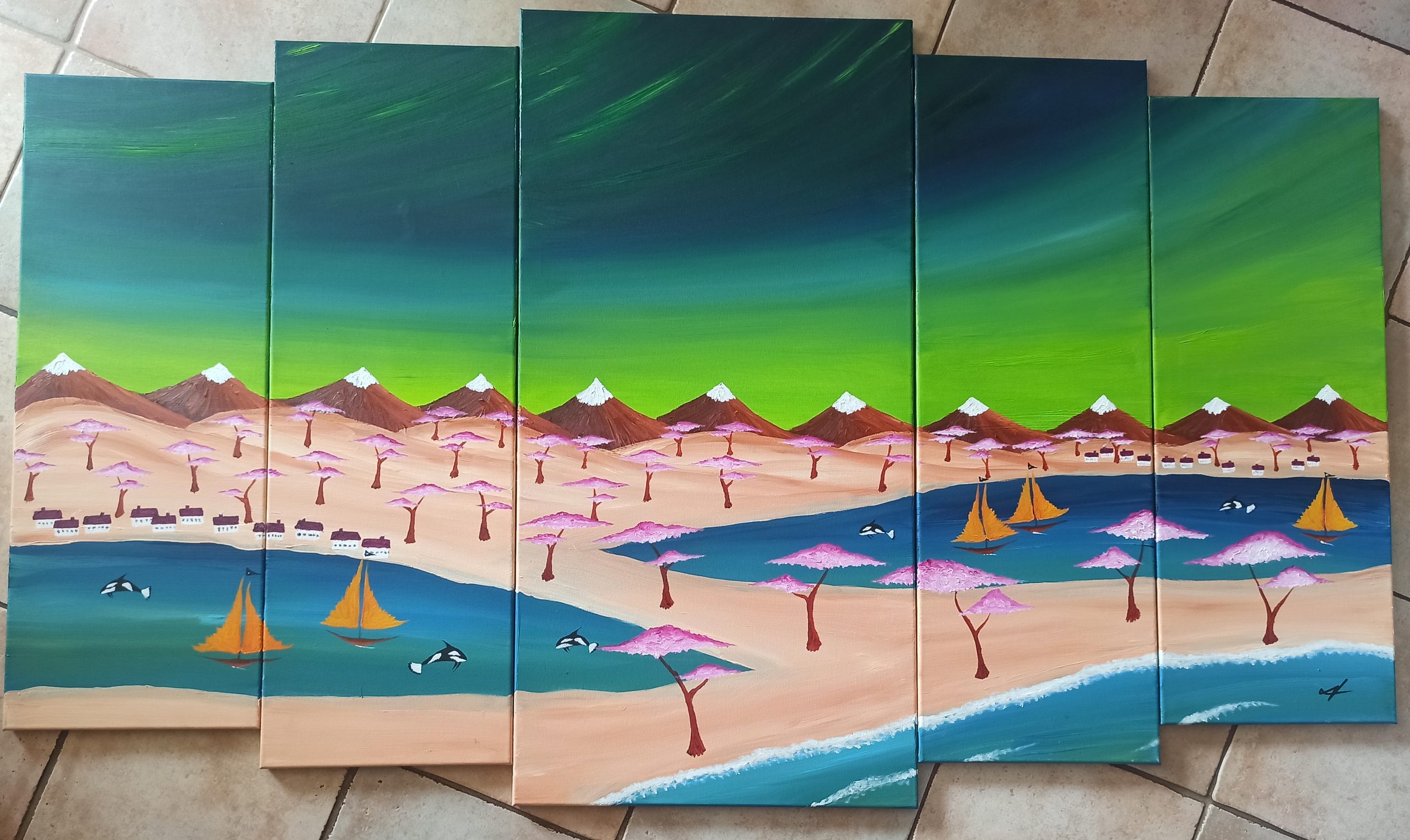 Spring at the Arctic Circle, oil on canvas, 100 x 170 cm (1 x 100 x 50, 2 x 90 x 30, 2 x 80 x 30 cm)