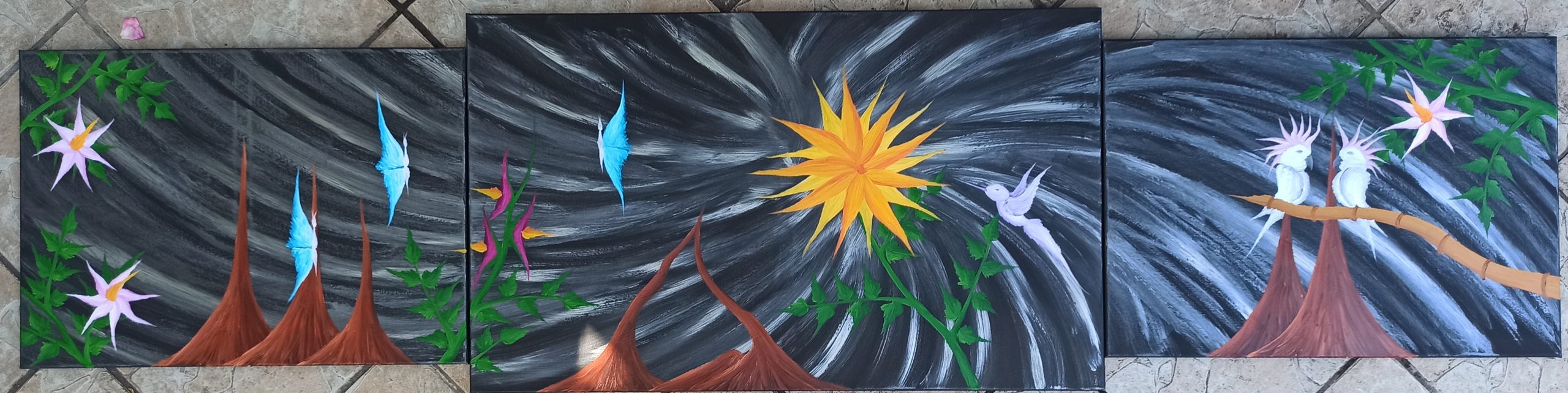 Fantasy World, oil on canvas, 60 x 240 cm, (2 x 50 x 70 cm, 1 x 60 x 100 cm)
