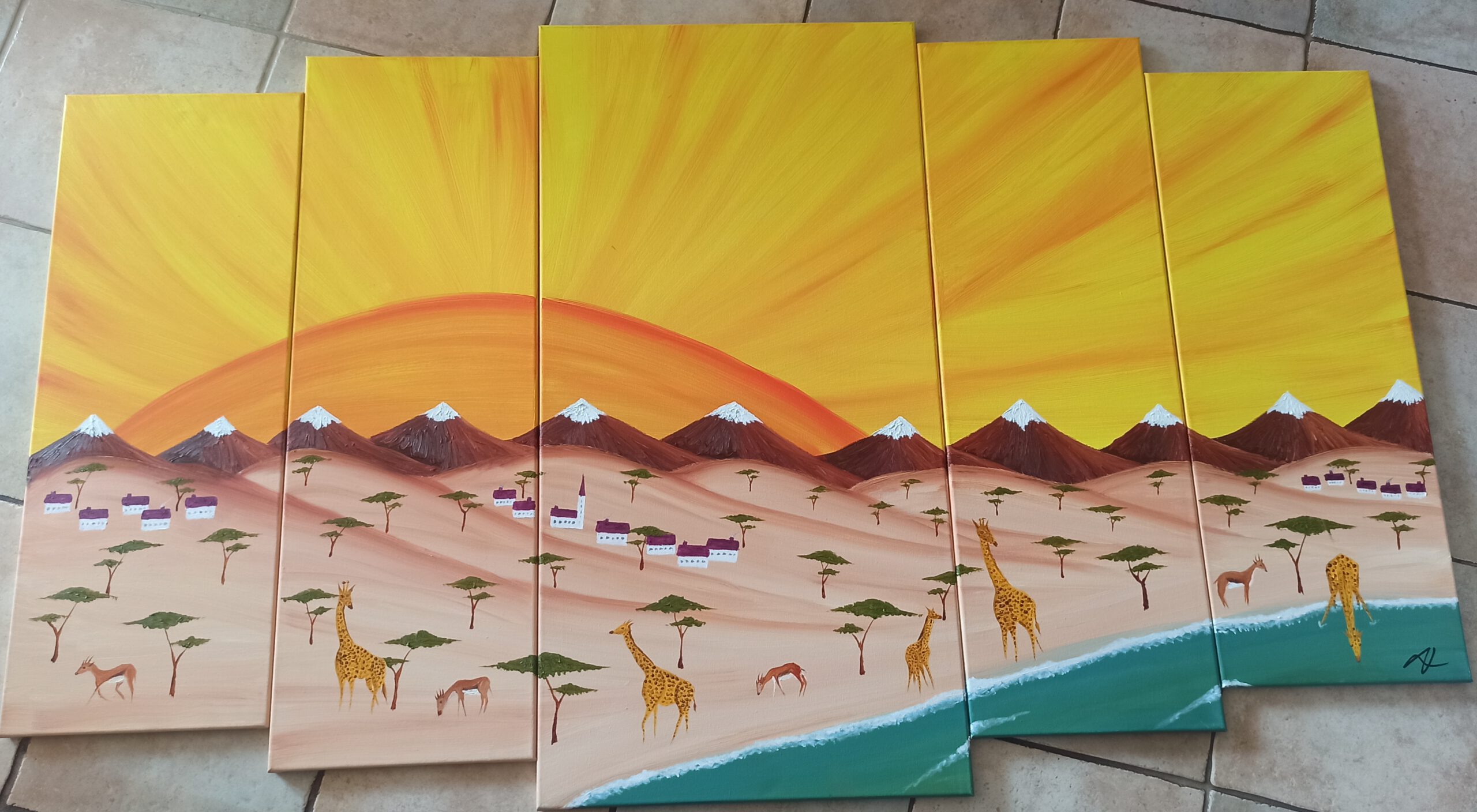 Savannah and Sunset, oil on canvas, 100 x 170 cm (1 x 100 x 50, 2 x 90 x 30, 2 x 80 x 30 cm)