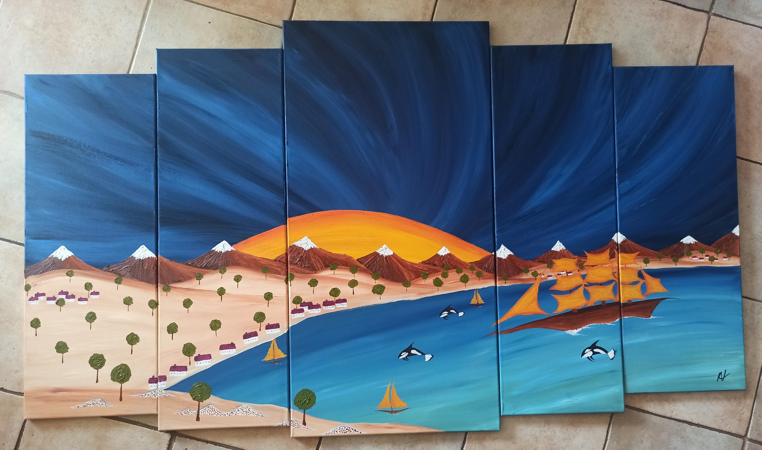 The Blue Bay 3, oil on canvas, 100 x 170 cm (1 x 100 x 50, 2 x 90 x 30, 2 x 80 x 30 cm)