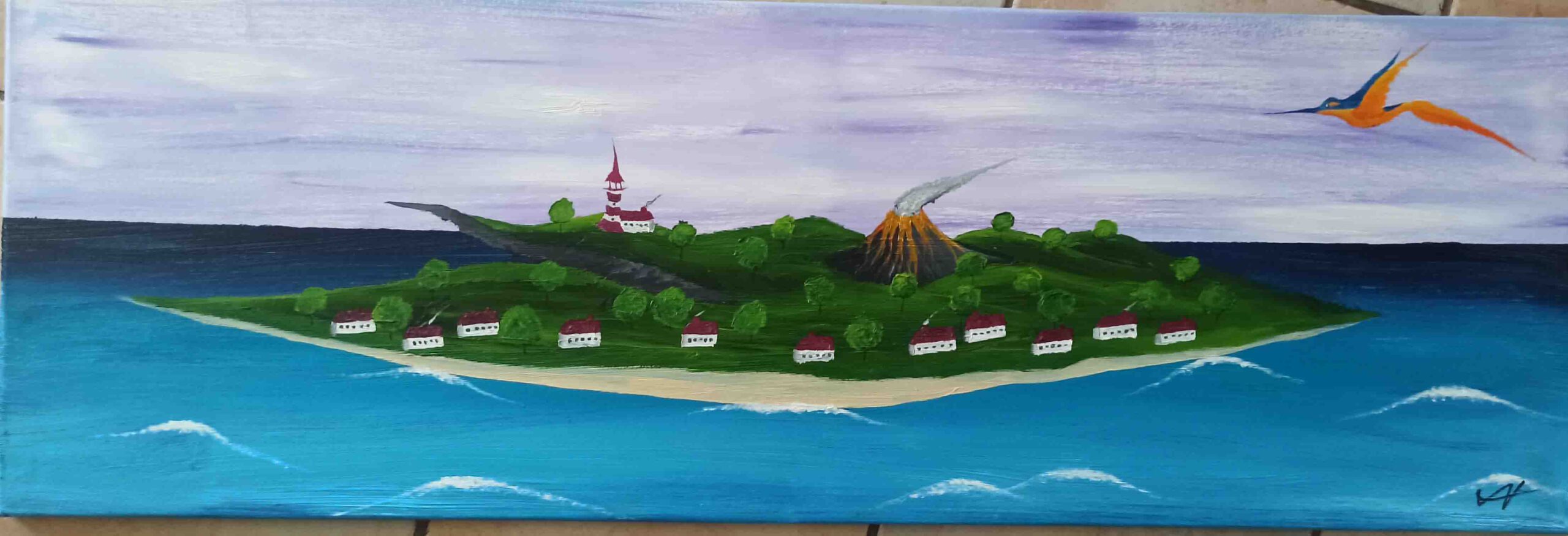 Vulkan Insel Öl auf Leinwand 40x120 cm